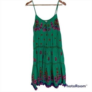 Green Embroidered Midi Sundress with Spaghetti Straps